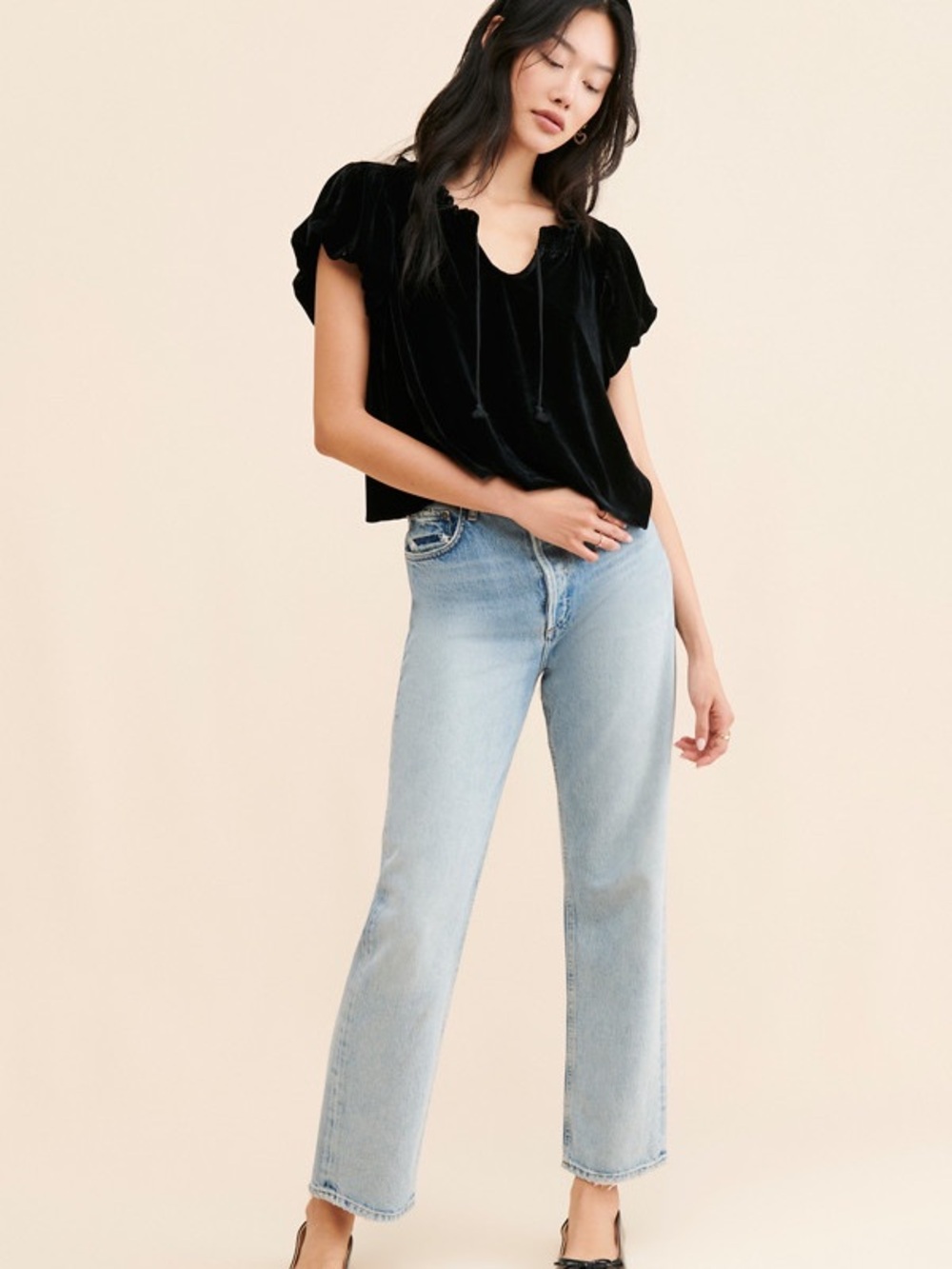 Free People Black Velvet Tie-Front Peasant Top - Picture 4 of 6